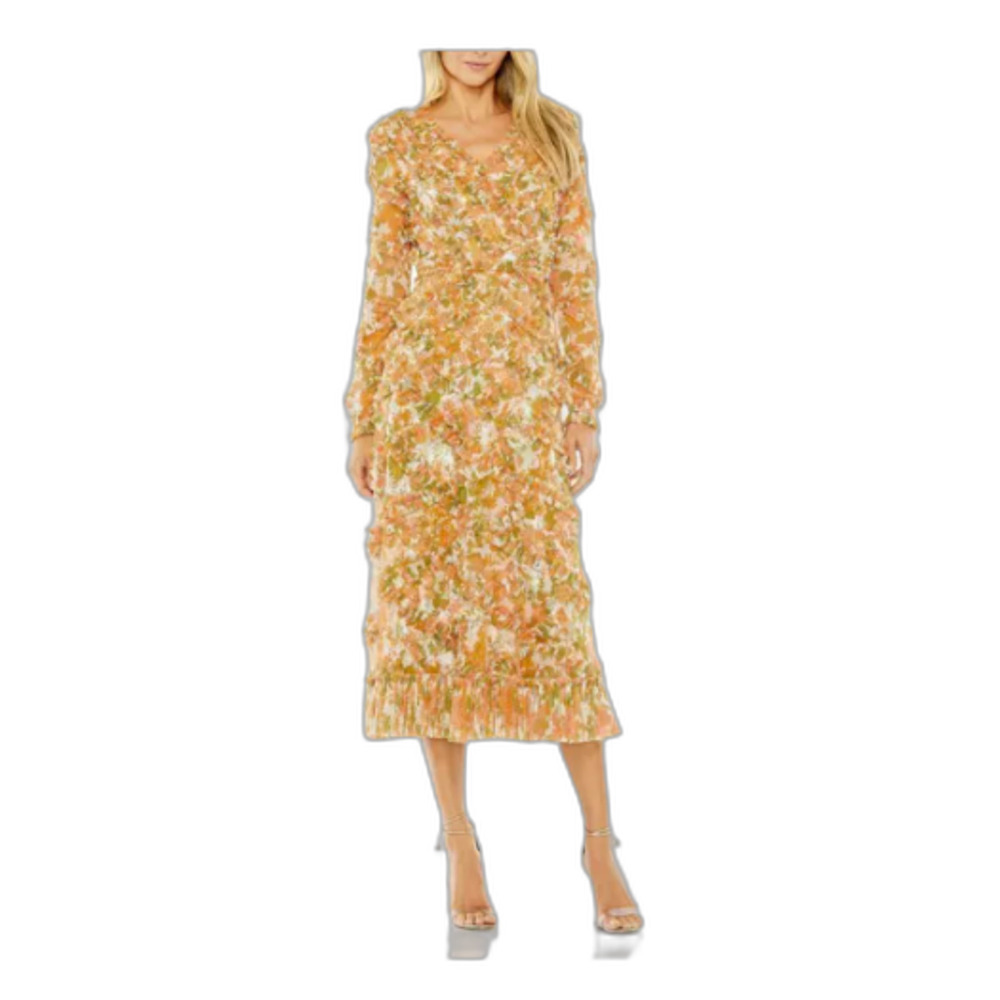 Mac Duggal Floral Ruffle Textured Maxi Dress 8134 Size 8 Romantic Cottagecore